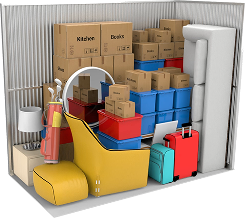 5×10 storage unit with example furniture and boxes