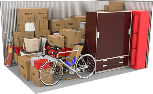 10×15 storage unit with example furniture and boxes