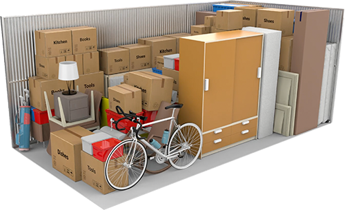 10×20 storage unit with example furniture and boxes