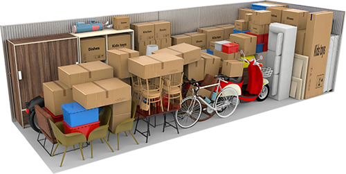 10×30 storage unit with example furniture and boxes