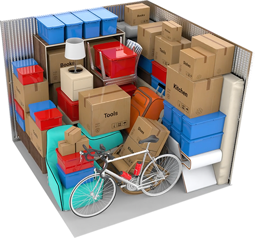10×10 storage unit with example furniture and boxes