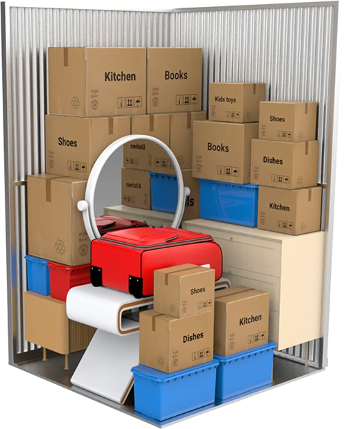 5×5 storage unit with example furniture and boxes